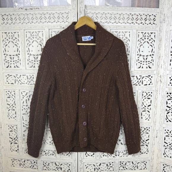 Seawool By Wellen Brown Cable Knit Fisherman Cardigan Mens Medium Shawl Wool